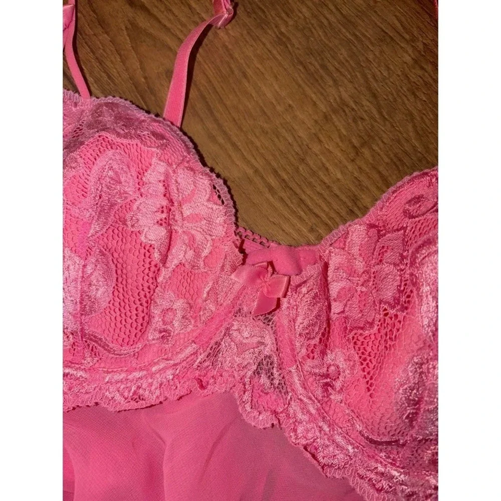Victorias Secret Pink Lace Underwire Babydoll Chemise Lingerie 34B O0490